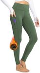 BALEAF Women's Fleece Lined Leggings with 5 Pockets, Thermal Warm Winter Tights High Waisted Thick Yoga Pants Cold Gear Army Green XS