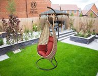 OMCCO Outdoor Patio Hammock Swing, Rattan Folding Hanging Chair Egg Shape Chair with MS Iron Stand Base and Thicken Cushion for Balcony, Poolside, Backyard, Beige & Red Cishion