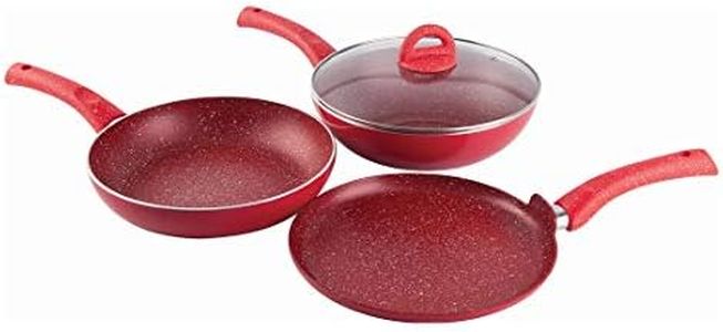 Wonderchef Granite Non-Stick 4-Piece Cookware Set, | Induction Bottom | Soft-Touch Handles | Pure Grade Aluminium | PFOA & Heavy Metals Free | 2 Years Warranty | Red