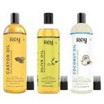 Rey Naturals Olive Oil, Coconut Oil & Castor Oil For Hair Loss, Hair Growth, Dandruff Control - 200ml*3 | Cold Pressed Oil For Skin & Hair Care | Deeply Moisturizes, Repairs And Strengthens Hair