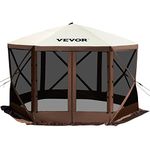 VEVOR Camping Gazebo Tent, 12'x12', 6 Sided Pop-up Canopy Screen Tent for 8 Person Camping, IPX3 Water-Resistant Screen Shelter w/Portable Storage Bag, Ground Stakes, Mesh Windows, Brown & Beige