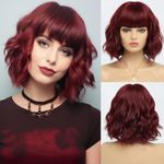 BESTUNG Short Bob Wavy Wine Red Wig with Bangs for Women Burgundy Synthetic Hair With Dark Roots Water Wave Natural Looking for Daily and Party （12 Inches） (wine red)