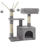 FEANDREA Cat Tree, Small Cat Condo, 72 cm, 3 Pompoms, Light Grey PCT121W01