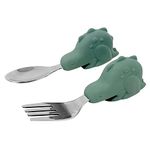 Tiny Twinkle Easy Grip Toddler Utensils Spoon and Fork Set - BPA & Phthalate Free Utensil Sets, Kids Silverware with Silicone Handle, Baby Led Weaning Supplies for 12 Months & Up, Olive Dinosaur