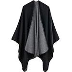 Lifetooler Women Poncho Cape Open Front Spring Cardigan Lady Reversible Free Size Cape Printed Oversized Warm Wraps Checked Knitted Tartan Blanket Bohemia Long Geometric Pattern Shawl (Black)