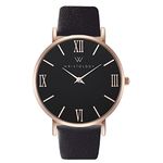 WRISTOLOGY Stella Womens Roman Rose Gold Black Face Boyfriend Watch Black Leather Band