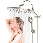 Hibbent 12 '' Thickness Metal Rainfall Shower Head/Handheld Showerhead Combo with 12'' Adjustable Curved Shower Extension Arm, 7-Spray, 71'' Hose, Adhesive Showerhead Holder, Brushed Nickel