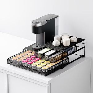 2 Tier Coffee Maker Countertop Organizer,60 Pod Pack Holder,Slidng Storage Drawer and Coffee Accessories Holder,With Silicone Drink Coasters,For K-Mini,K-Express,K-Supreme,K-Iced (Black)