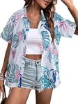 DUTUT Women Hawaiian Shirt Tropical Floral V Neck Button Up T-Shirt Soft Cool Summer Beach Short Sleeve Blouses Tops White