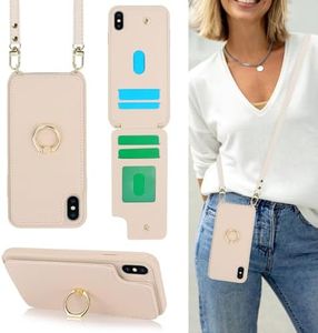 Lipvina for iPhone Xs Max Phone Case with Card Holder and Strap for Women,Crossbody Lanyard,Kickstand Ring Stand,Snap Clasp,Phone Wallet Cases 6.5 inch(Beige)