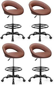 BESTFAIR Drafting Chair with Back, Height Adjustable Rolling Stool with Foot Rest, Tall 360° Swivel Stool PU Leather Chair with Wheels for Home Office, Standing Desk, Brown 4 Pack