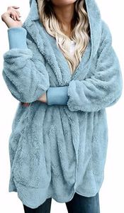 Women Hooded Cardigan Fuzzy Jacket Winter Open Front Fleece Coat Outwear with Pockets Lightblue M