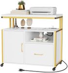 YITAHOME Wood File Cabinet with Charging Station, Rolling Filing Cabinet Cart with Door, Industrial Nightstand with Printer Shelf for Home Office, Bedroom, Living Room, Entryway, Gold and White