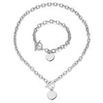 WangGao Heart Charms Jewelry Sets Stainless Steel Love Cable Link Chain Necklace & Bracelet for Women with Toggle Clasp Jewelry,Silver