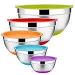 Stainless Steel Mixing Bowls Set of 5, Size 7/3.5/2.5/2/1 QT, E-far Metal Nesting Bowls with Colorful Airtight Lids & Non-Slip Bottoms, Great for Kitchen Cooking, Baking, Serving, Food Prep