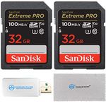 SanDisk 32GB Extreme Pro Memory Card (Two Pack) Works with Nikon D3400, D3300, D750, D5500, D5300, D500, AW130 Camera Bundle with Everything But Stromboli Micro & SD Card Reader & Micro Fiber Cloth