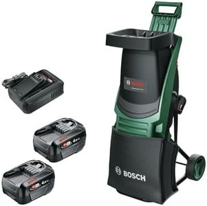 Bosch Akku-Häcksler UniversalShredder 2x18V-25 (Wendemesser, schneidet Äste bis 25 mm, bürstenloser Motor, OptiCut, Schnelleinlauftrichter, inkl. 2 x 18V 4,0Ah Akku, 28 l Auffangbeutel, Ladegerät)