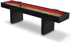 Hathaway Avenger 9 Ft Shuffleboard Table for Family Home Arcade Game Room - with Poly-Coated Playfield, Built-in Abacus Scorer, Padded Gutters, Leg Levelers, 8 Pucks, Brush & Wax - Black Wood Finish