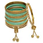 ZENEME Gold-Plated Matte Finish Velvet American Diamond Studded Gold Pearl Tasselled Bangles Set Of 56 For Girls and Women (Turquoise Blue, 2.6)