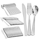 MATANA 180 Elegant Silver Plastic Cutlery Set - 60 Knives, 60 Forks, 60 Spoons - Hand Washable, Reusable & Heavy Duty Tableware for Weddings, Birthday, Parties & Events