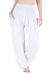 Lannaclothesdesign Women's Smocked Waist Boho Flowy Yoga Harem Pants Hippie Clothes, Solid White, Medium