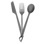 Navaris Titanium Camping Cutlery Set - Lightweight Camping Cutlery for One - Knife, Fork and Spoon Set with Carabiner and Bag for Hiking and Travel