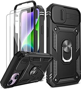 LeYi Funda para iPhone 14 6.1" con [2-Unidades] Cristal Vidrio Templado, Carcasa Cubierta de cámara Deslizante Proteger 360 Grados Full Protección Anillo Soporte Bumper Case,Negro