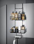 Cooeco Black Hanging Shower Caddy - Rustproof Hanging Shower Shelf with Soap Holder and 6 Hooks, for Glass Bathroom Door Bathroom Storage (Width 5.4CM)