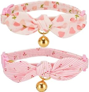 YUDOTE Soft Cotton Cat Collar with Removeable Hand-Tied Bowtie,Pack of 2 Kitten Collars with Quick Release Buckle and Bell for Female Cats Dressing up, Pink Cherry