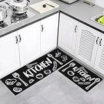 LXTOPN Anti Fatigue Kitchen Mat, 2pcs Washable Kitchen Floor Rug Set, Non Slip Waterproof Geometric Kitchen Runner Rug for Kitchen Bedroom (Black-2)