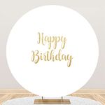 Leyiyi 7.5x7.5ft Gold Happy Birthday Round Backdrop Pure White Circle Backdrop Cover Polyester Solid Birthday Background for Photography Kids Adults Birthday Party Cake Table Decor Photo Shoot Prop