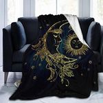 JOOCAR Flannel Throw Blanket Boho Gold Sun Moon Cozy and Soft Plush Warm Blankets for Bed Couch Living Room Sofa Chair(125 x 100cm)