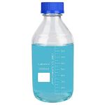 Labasics Round Media Storage Bottles with GL45 Blue Screw Cap, Borosilicate Glass Clear Wide Mouth Graduated Round Reagent Media Storage Lab Glass Bottle, 1000 ml