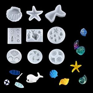 iSuperb 9 Pcs Silicone Fondant Molds Resin Molds Mermaid Tail Starfish Conch Seashell Steamship Dolphin Fish Shape for Craft Cake Decorating Jewelry Keychain Pendant Making (9 Molds)