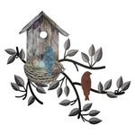 Metal Birdhouse Decor for Wall, Outdoor Wall Decor Bird Decorations for The Home Metal Leaf Wall Decor for Indoor Outdoor Yard (Black Retro)