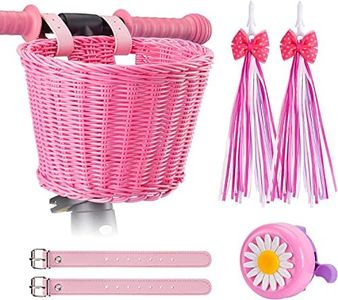 Inborntrait Kids Bike Basket Set, Girl Bike Basket Pink Handwoven, Bike Baskets for Kids, Children Cycling Basket with Spare Leather Straps, Bowknot Streamers and Bell Easy Install Detachable