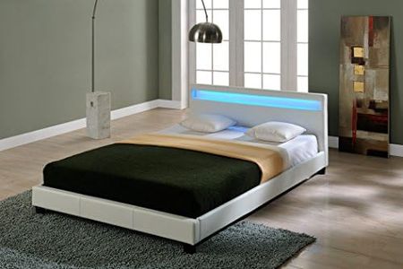 Corium Struttura Letto Imbottito a Testiera Alta con Illuminazione a LED e Telecomando Letto Matrimoniale King Size / 2 Piazze 180x200 cm Rivestimento in Similpelle - Bianco