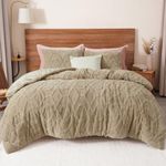 PHF Warm Sherpa Fleece Comforter Set Queen, 3 Pieces Fuzzy Fluffy Bedding Comforter, 3D Tufted Bedding Comforter Set, Warm Soft Shaggy Sherpa Bedding Set for Winter (Khaki, 90x90Inch)