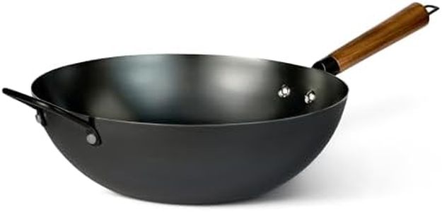 Amazon Basics Carbon Steel Pre-Seasoned Wok with Acacia Wood Handle, All Cooktop Friendly, 32cm