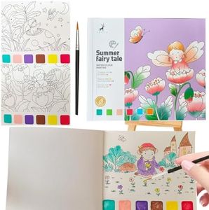 Watercolor Coloring Books for Kids Ages 4-8, Pocket Watercolor Painting Book for Arts and Crafts, Water Colors Paint with Brush (1, Summer fairy tale)