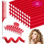 40 PCS Foam Hair Curler Rods, No Heat Flexible Hair Curling Rollers Red Soft Twist Hair Roller with Hair Comb Large Hair Claw, Flexible Rods for DIY Hair Styling Hair Salon (24x1.2cm)