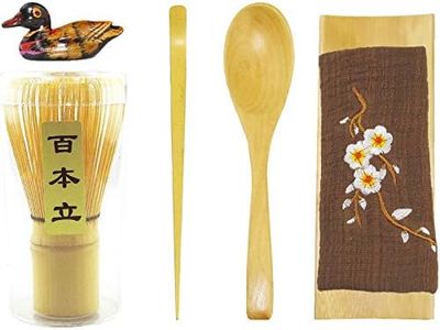 Artcome 6 Pcs Japanese Matcha Tea Set, Matcha Whisk, Traditional Scoop, Tea Spoon, Tea Cloth, Bamboo Holder, Scoop Holder Handmade Matcha Ceremony Kit For Traditional Japanese Tea Ceremony (Nature)