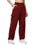 UZARUS Women's Relax Fit Cargo Trouser 4 Pockets Baggy Pants (L, Wine)