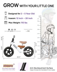 KRIDDO Toddler Balance Bike, 12-Inch, Custom Plate, White – Ages 2-5