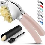 Zulay Comfort Grip Garlic Press - Garlic Mincer Tool - Garlic Crusher - Garlic Press Mincer Rust Proof, with Soft Ergonomic Handle, Easy Clean Set with Peeler and Brush - Light Pink