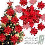 12 PCS Christmas Decorations,Poinsettia Flowers Christmas Decor with Clips and Flower Stems,Artificial Flowers Christmas Tree Decorations Xmas Tree Ornament Gift Wrapping Wreath Wedding Party Decor