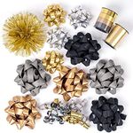 WRAPAHOLIC 14 Pcs Gift Bows Assortment - 10 Multi Colored Assorted Size Gift Bows(Black, Gold, Silver, Old Gold), 2 Crimped Curling Ribbons, 1 Curly Bow, 1 Tinsel Bow for Christmas and New Year