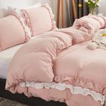 Wotcsil Pink Ruffle Bedding Set for Women Girls Ruffled Single Duvet Cover Set Plain Duvet Cover Shabby Chic Retro Double-Layer Frill Edge Design with Pillowcase