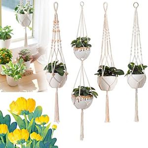 4 Pack Macrame Plant Hangers, Cotton Rope Plant Holder Set Indoor Outdoor Hanging Planter Plant Basket Decorative Macrame Hangers Different Tiers Handmade Flower Pots Holder Boho Home Decor