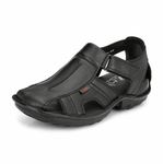 HITZ Men's Black Leather Comfort Sandals with Slip On Closure - 9